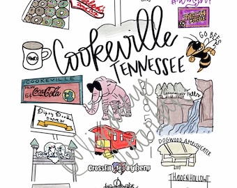 May include: A hand-drawn illustration of Cookeville, Tennessee, featuring landmarks and local businesses. The illustration includes a cross, a donut shop, a drive-in, a Coca-Cola sign, a bike trail, a church, a gym, a waterfall, and a bee. The text "Cookeville, Tennessee" is written in large, bold letters.