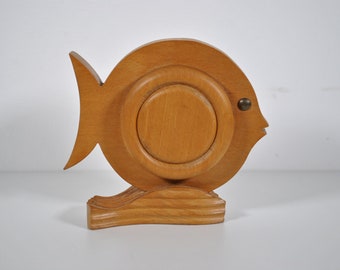 Sculpture poisson vintage en bois 1970