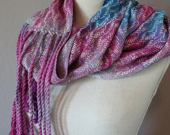 Radiant Pink Blue Gray Hand Dyed Handwoven Fringed Cowl in Supima Cotton and Silk