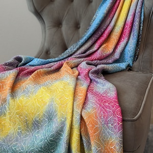 Handwoven Throw Blanket from Rainbow Trace Series in Hand Painted Thick Supima Cotton and Luxurious Silk