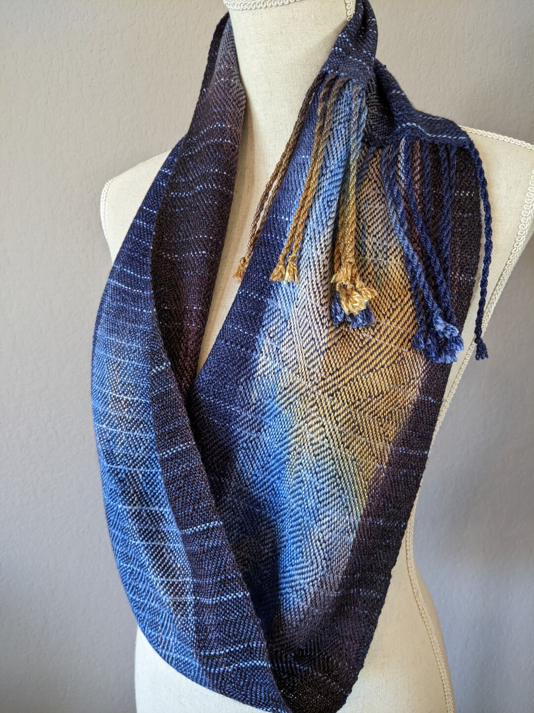 Majestic Mountain Handwoven Fringed Cowl in Hand Dyed Silk Wool Tencel