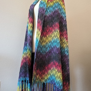 Intrepid Rainbow Fringed Shawl, Wrap or Blanket Scarf Handwoven in Hand Dyed Vivid Silk and Supima Cotton with Sparkle