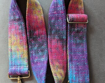 Rainbow Hologram Sparkle Handwoven Hand Dyed Wide Messenger Strap 55" Length with Antique Brass Hardware