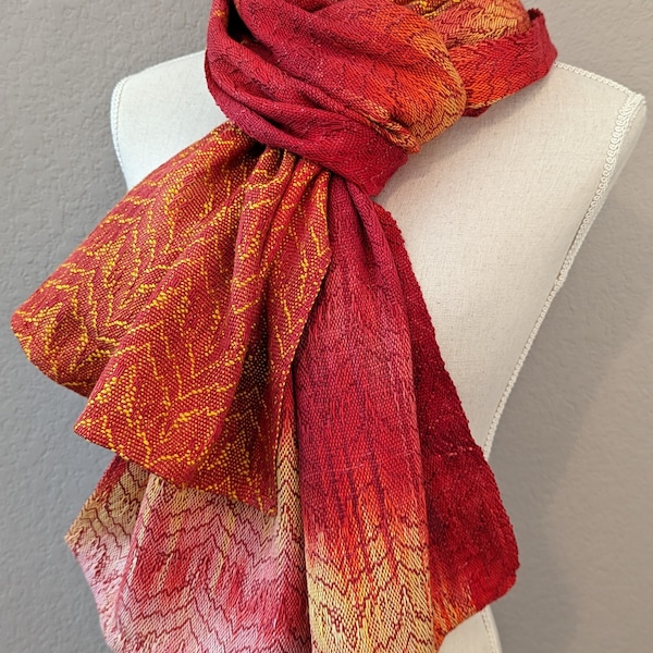 Opulent Red and Gold Shawl Handwoven with Hand Dyed Silk and Organic Pima Cotton