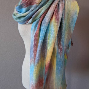 Silken Spectrum Handwoven Shawl | Soft Silk on Hand Dyed Rainbow Pima Cotton Wrap or Blanket Scarf
