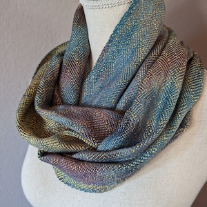 Handwoven Infinity Scarf in Soft Silk and Seacell Cotton Hand Dyed in Iridescent Gold Blue Purple