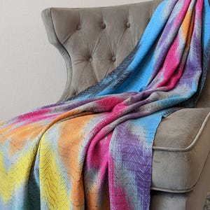 Handwoven Throw Blanket from Rainbow Trace Series in Hand Painted Thick Supima Cotton and Silky Tencel