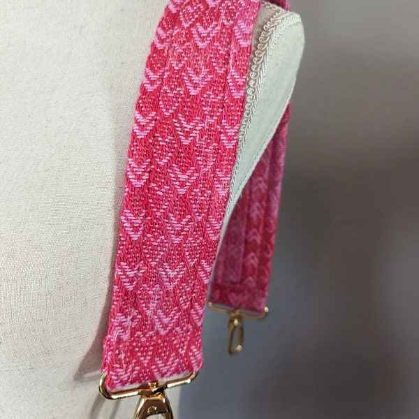 Wide Shoulder Strap for Handbags 25" Long Hand Dyed Handwoven Red and Pink Hearts with Gold Hardware