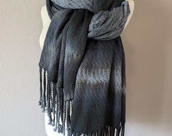 Monochrome Fringed Shawl, Wrap or Blanket Scarf Handwoven in Silk and Hand Dyed Cotton