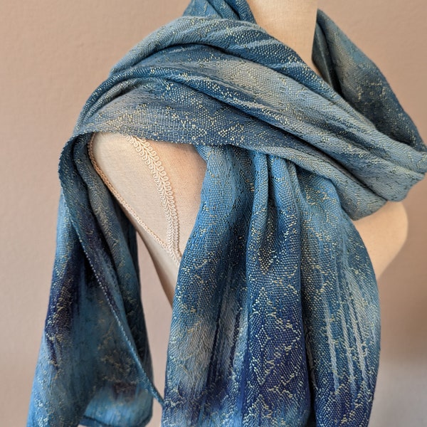 Beautiful Blue Shawl Handwoven with Hand Dyed Silk and Organic Pima Cotton