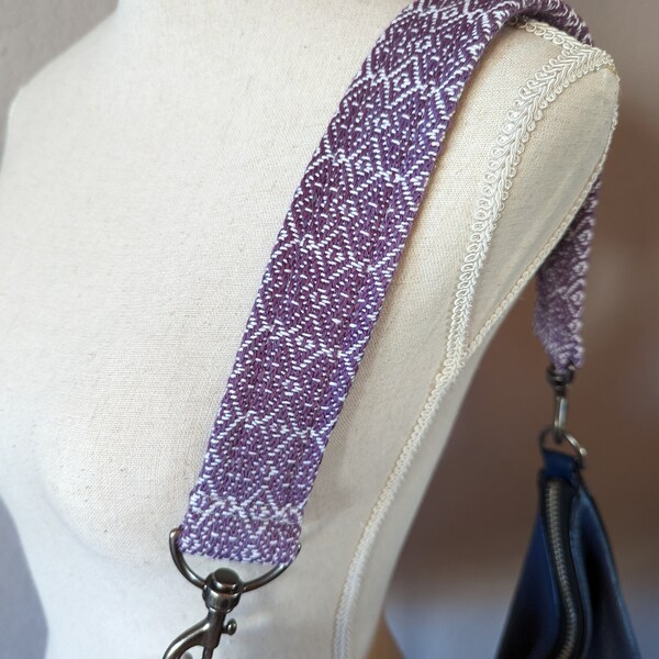 Purple and White Handwoven Purse Strap 21" for Shoulder Wear with Antique Silver Hardware