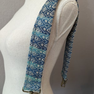 Navy, Aqua and Light Gold Handwoven Wide Handbag Strap 32" with Antique Brass Hardware for Single Shoulder Wear