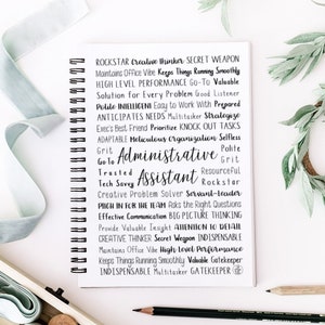 May include: A black and white image of a list of positive attributes for an administrative assistant. The list includes words like "Rockstar", "Creative Thinker", "Secret Weapon", "Go-To", "Trusted", "Tech Savvy", "Servant-Leader", "Indispensable", and "Gatekeeper".