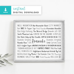 Personalized Roanoke VA Printable Download Art | Unique Roanoke Gift | Custom Realtor Closing Gift gift | Custom Housewarming Gift gift