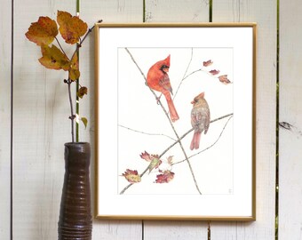 Northern Cardinals and Red Maple Fall Leaves Art Print
