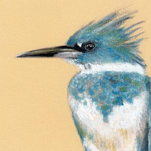 May include: A blue and white kingfisher bird with a long, pointed beak. The bird is perched on a branch and is looking to the right. The background is a light brown.