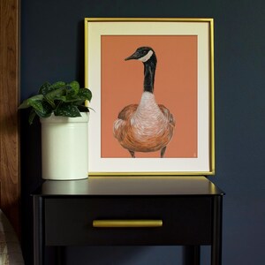 May include: A framed print of a goose with a black head and neck, a white collar, and brown feathers. The print is on a peach background and is framed in gold.