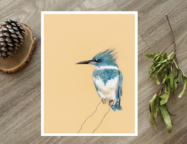 May include: A hand-drawn illustration of a blue-green kingfisher perched on a branch. The bird has a long, pointed beak and a white chest. The background is a light yellow.
