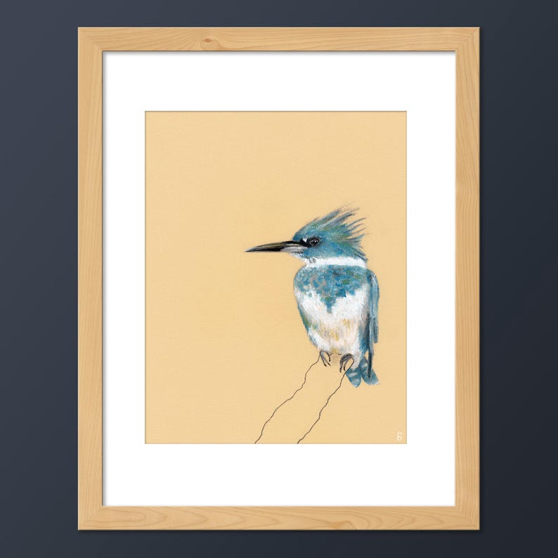 May include: A blue and white kingfisher bird perched on a branch, drawn in pastel on a light yellow background.