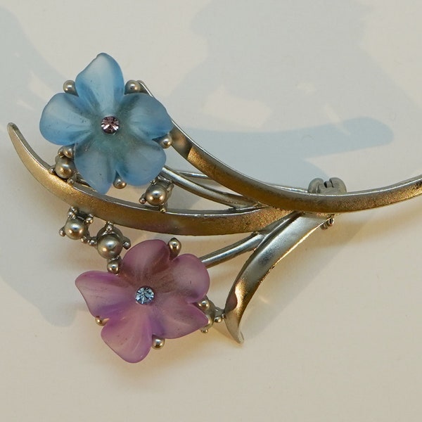 Vintage Blue and Pink Frosted Lucite Flower Matte Silver Tone Brooch