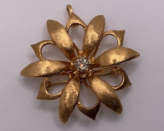 Vintage 1930s/40s 14K Gold and Old Cut Diamond Flower Brooch/Pendant