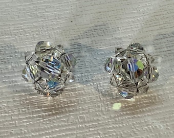 Vintage 1950s/60s Aurora Borealis Crystal Bead Cluster Silver Tone Clip On Earrings