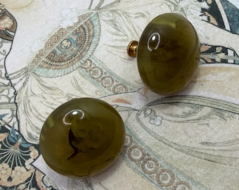 Vintage Semi Transparent Marble Earthy Green Tone Bakelite Screw Style Clip on Earrings