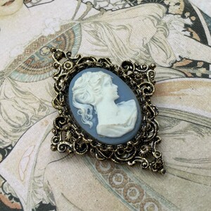 Peut inclure: Broche camée de style ancien avec un centre ovale bleu clair représentant un profil blanc. La broche est sertie dans un cadre orné de couleur bronze foncé. Le fond présente une illustration vintage aux couleurs douces et aux motifs floraux.