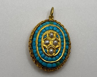 RARE 18K Gold Antique Etruscan Revival Turquoise and Seed Pearl Mourning Locket - Circa 1880s-90s - Victorian Mourning Locket - Oval Locket