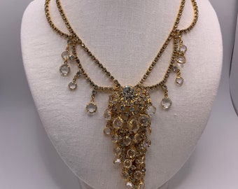 Rare Vintage 1960s Juliana D & E Rhinestone and Crystal - Gold and Clear Tone - Chandelier  - Glitzy Vintage Evening Wear - Bib Necklace