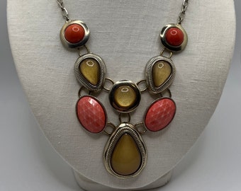 Vintage 1990s Signed NY Coral Red/Pink and Golden Brown Faux Stones Statement Necklace Silver Tone with Adjustable Length