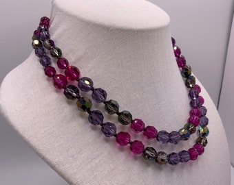Vintage 1950s/60s Signed MARVELLA Necklace - Double Strand Swarovski Crystal Necklace - Pink, Purple and AB Crystal Beads - Adjustable