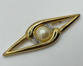 Vintage 1980s MONET Brooch - Elongated Statement Brooch - Faux Pearl and Rhinestone Brooch - Two Tone Gold and Silver - Faux Mabé Pearl