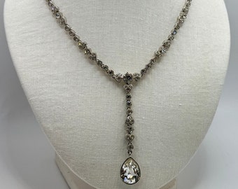 Vintage 1990s Crystal Rhinestone Necklace - Y Necklace - Stainless Steel - 21 inches long - Bezel Set - Heart Links