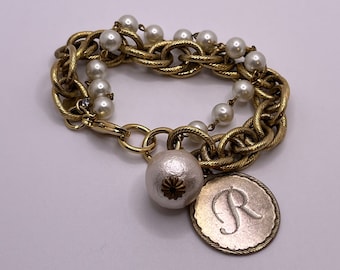 Vintage 1990s Signed JOHN WIND Initial “R” Faux Pearl Gold Tone