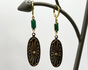 Art Deco Earrings - Upcycled Vintage Earrings - 1920s Earrings - Jade Green Glass - Long Dangly Earrings - Brass and Glass