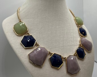 Vintage 1990s Blue Mauve Light Green Tones Bib/Statement Gold Tone Necklace with Adjustable Length