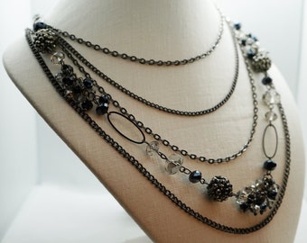 Retro High Quality Black Rhodium and Crystal Multi-strand Long Necklace with Adjustable Length