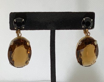 Vintage Brown Oval Glass and Black Rhinestone Dangly Gold Tone Clip On Earrings