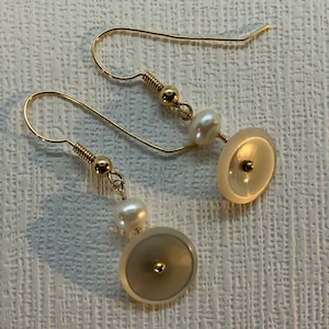 14K Gold Upcycled Vintage Earrings - Vintage Mother of Pearl Buttons - Fresh Water Pearl - Long Dangly Earrings - Art Deco Earrings