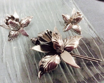 Vintage 1940s Art Deco Sterling Silver Orchid Brooch and Clip on Earrings Set Made in Mexico