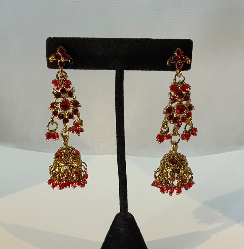 Vintage Red Rhinestone Ornate Jhumka Long Dangly Gold Tone Earrings