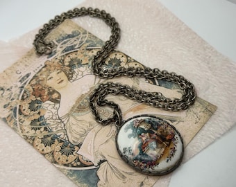 Vintage Porcelain Cameo Necklace, Romantic Scene Pendant, Antique Style Jewelry