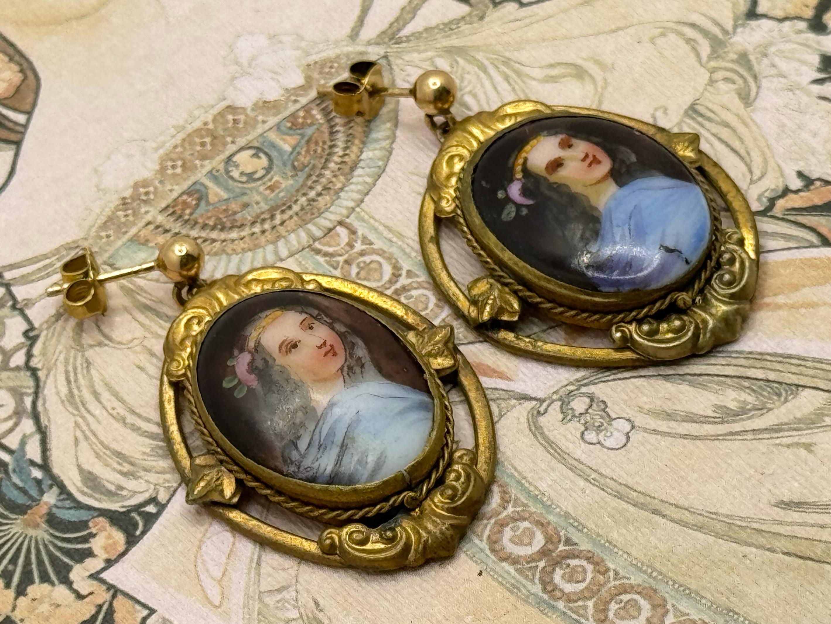 Antique Victorian Brass Gilt Handpainted Portrait Earrings - Oval Drop Earrings