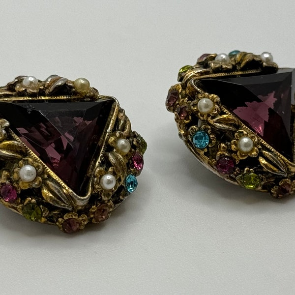 Vintage 1960s SELRO SELINI Clip on Earrings - Purple Triangle - Bezel Set - Multi Colour Rhinestone - Faux Seed Pearl