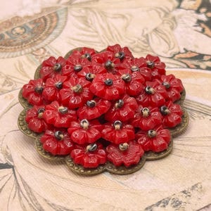 Può includere: Un broche di fiori di vetro rosso con una cornice in metallo bronzo. Il broche è composto da molti piccoli fiori rossi con centri neri.