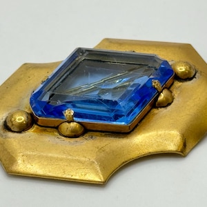 Vintage 1940s Art Deco Czech Glass Brooch - Statement Brooch - Brass and Blue Glass