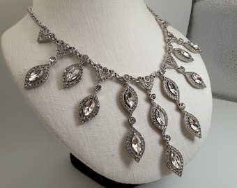 Vintage MONET Silver Tone Rhinestone Bib Necklace with Adjustable Length