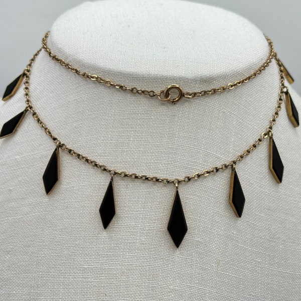 Antique Art Deco 1920s Gold Filled Necklace - Elongated Diamond Shaped Black Dangles - 23 inches long