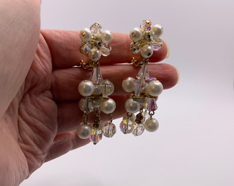Vintage 1960s Faux Pearl and AB Crystal Dangly Clip on Earrings - Austrian Crystal - Vintage Statement Earrings - High Quality Designer